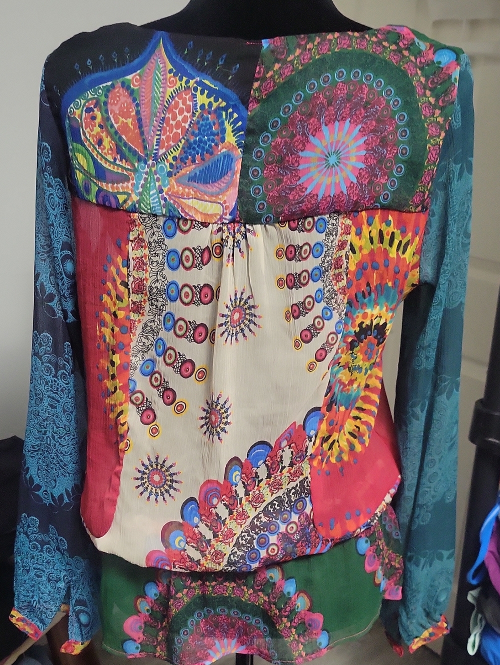 Desigual Large* Vintage Y2K Patchwork Mesh Sheer Button Down Blouse Boho - Picture 3 of 7
